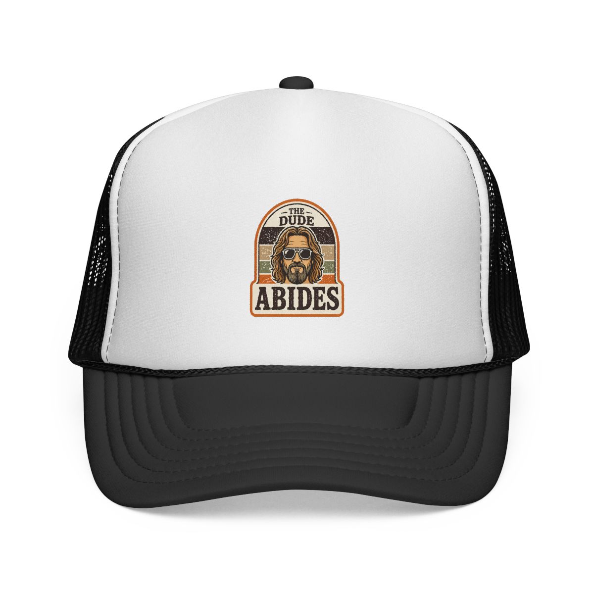 A brown and white trucker hat with a patch that says "The Dude Abides" and features a cartoon image of a man wearing sunglasses - alternate angle 2, merchandise