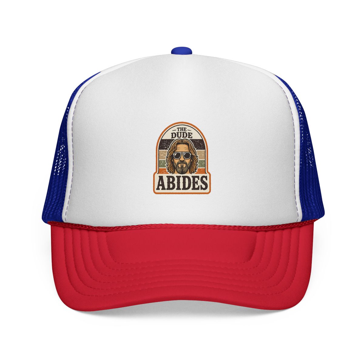 A brown and white trucker hat with a patch that says "The Dude Abides" and features a cartoon image of a man wearing sunglasses - alternate angle 5, merchandise